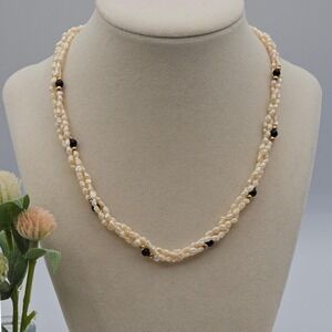 Vtg Freshwater Pearl Necklace Onyx 14K Gold Accents‎ Classic Elegance Mervyns